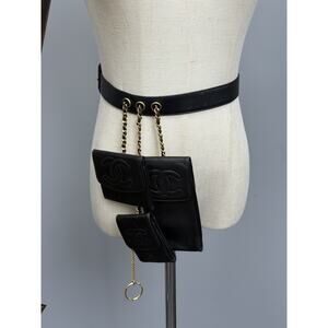 Chanel Vintage 1990 Waist Belt Multi Pouch Black Leather